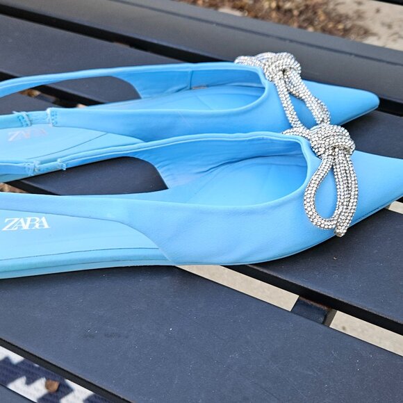 ZARA BLUE BOW SLINGBACK FLATS SIZE 37 - GENTLY WORN - Picture 3 of 7